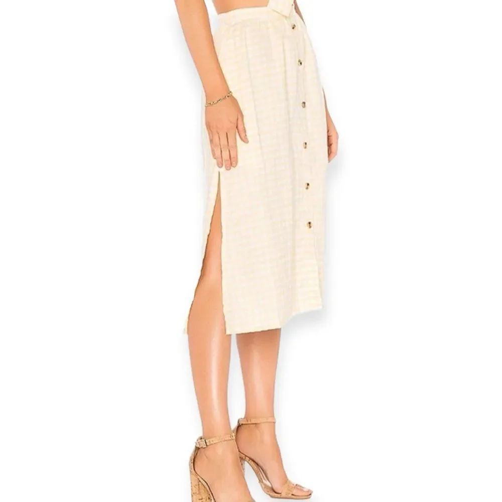 Faithfull the Brand White Yellow Checkered Linen Split Hem Summer Midi Skirt NEW - Picture 2 of 4